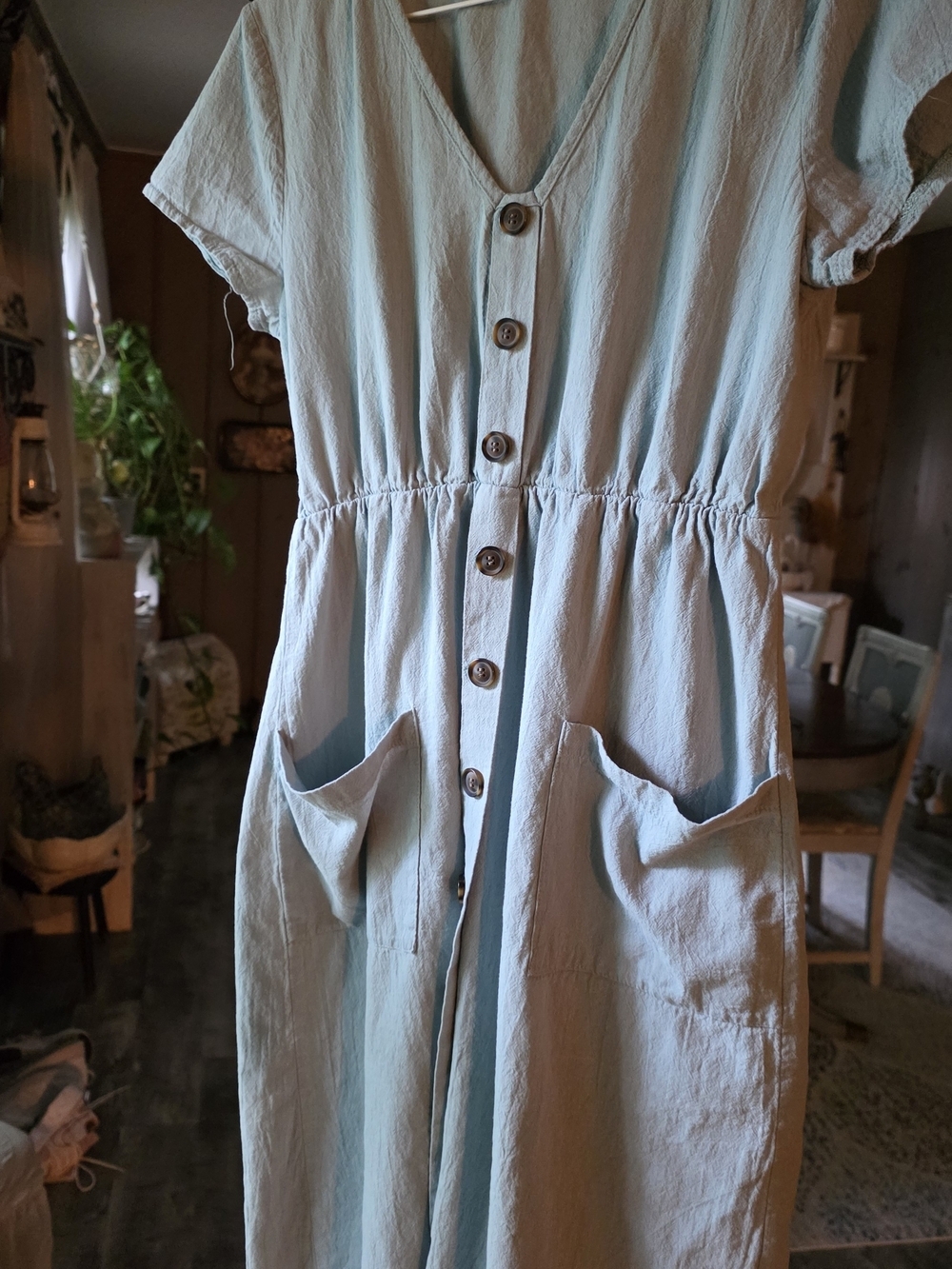 Everyday Light Green Button-Front Casual Dress with Pockets